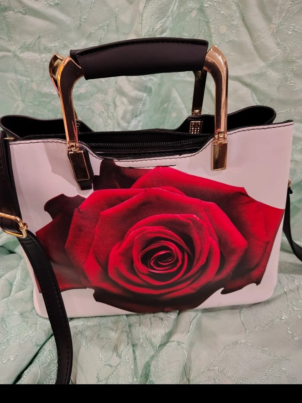 White Shoulder Bag with Red Rose Print and Black Trim